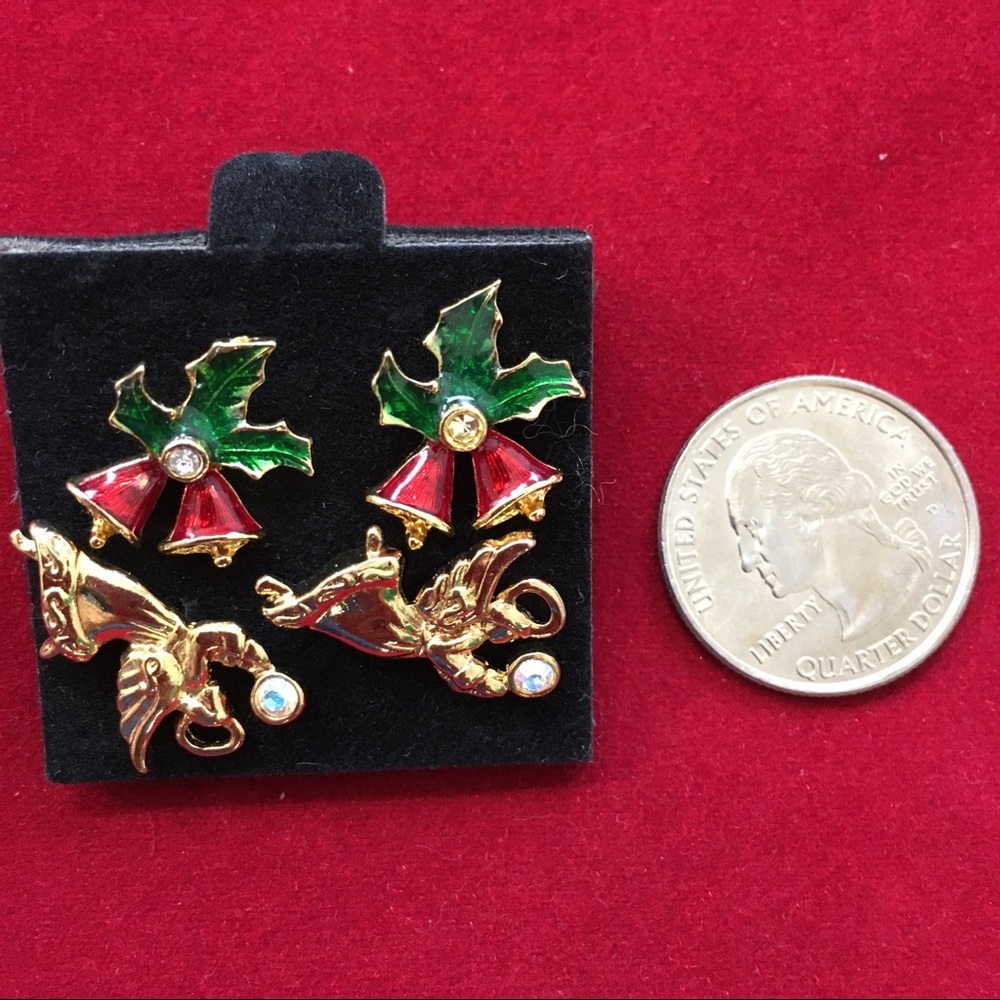 2 pairs of Christmas Holiday Earrings - Bells, Angels